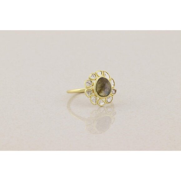 Gold Over Sterling Silver Natural Labradorite Polki Diamond Slice Ring Size 9.5 - Picture 3 of 7